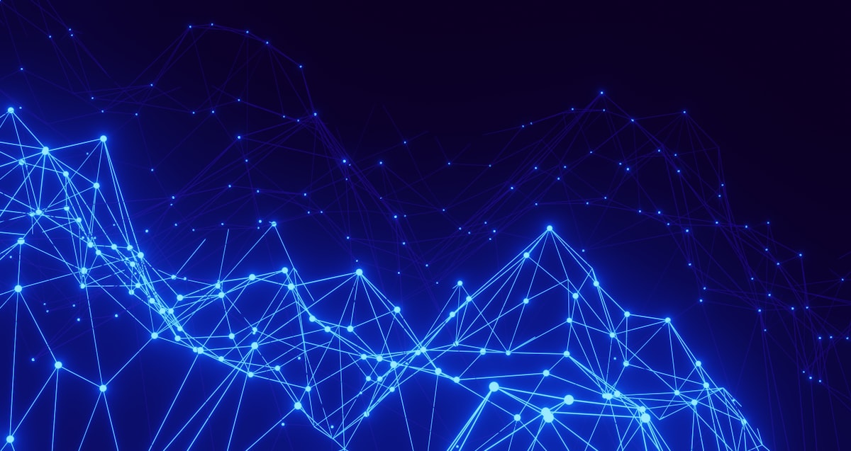 Abstract illustration of a glowing blue digital network with connected nodes and lines
