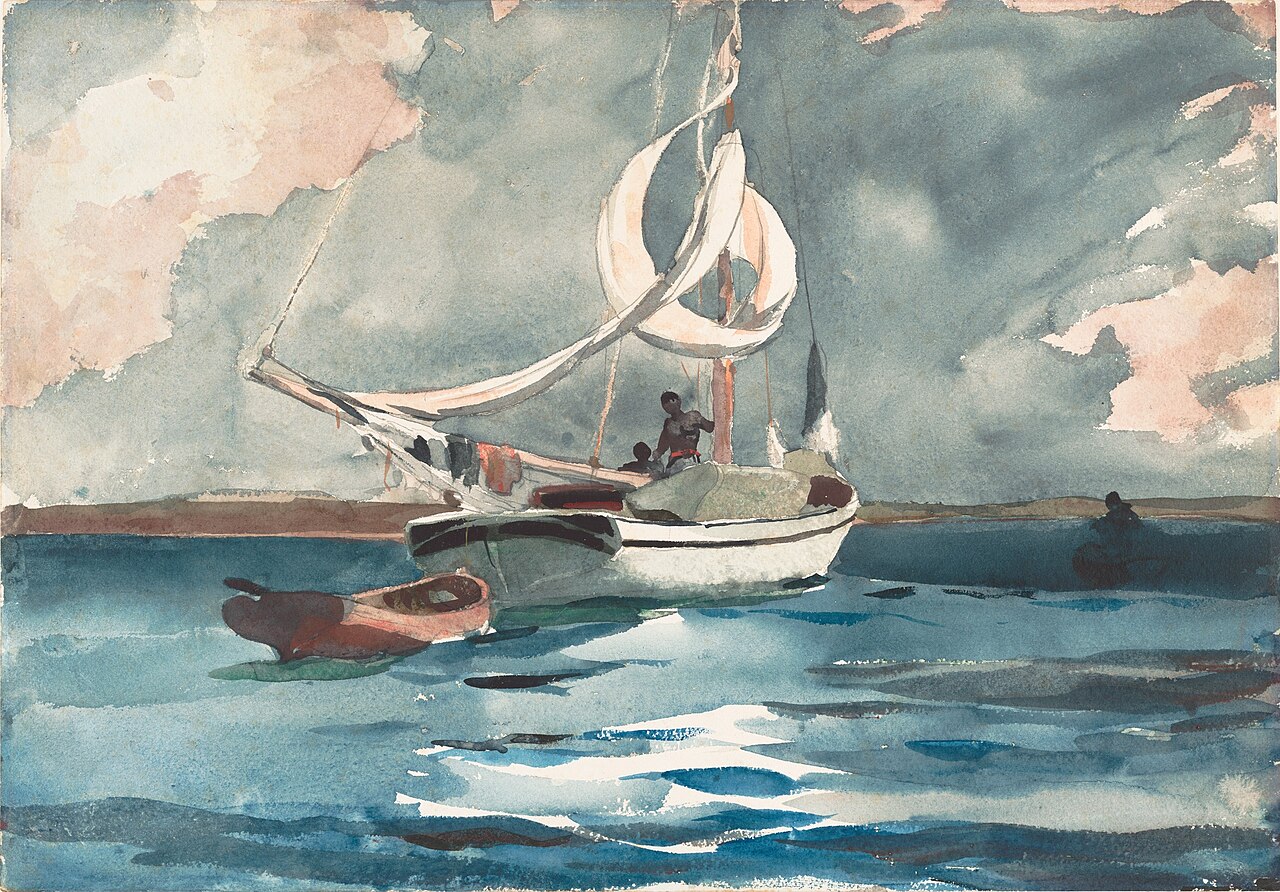 A Bahamian sloop at anchor in blue water, watercolour by Winslow Homer, 1899