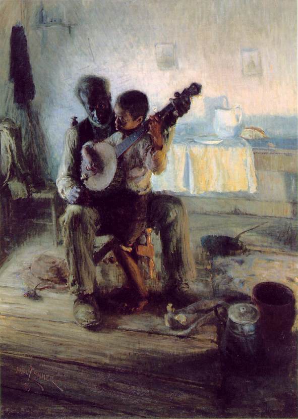 An older man teaching a boy to play a banjo, painted by Henry Ossawa Tanner in 1893