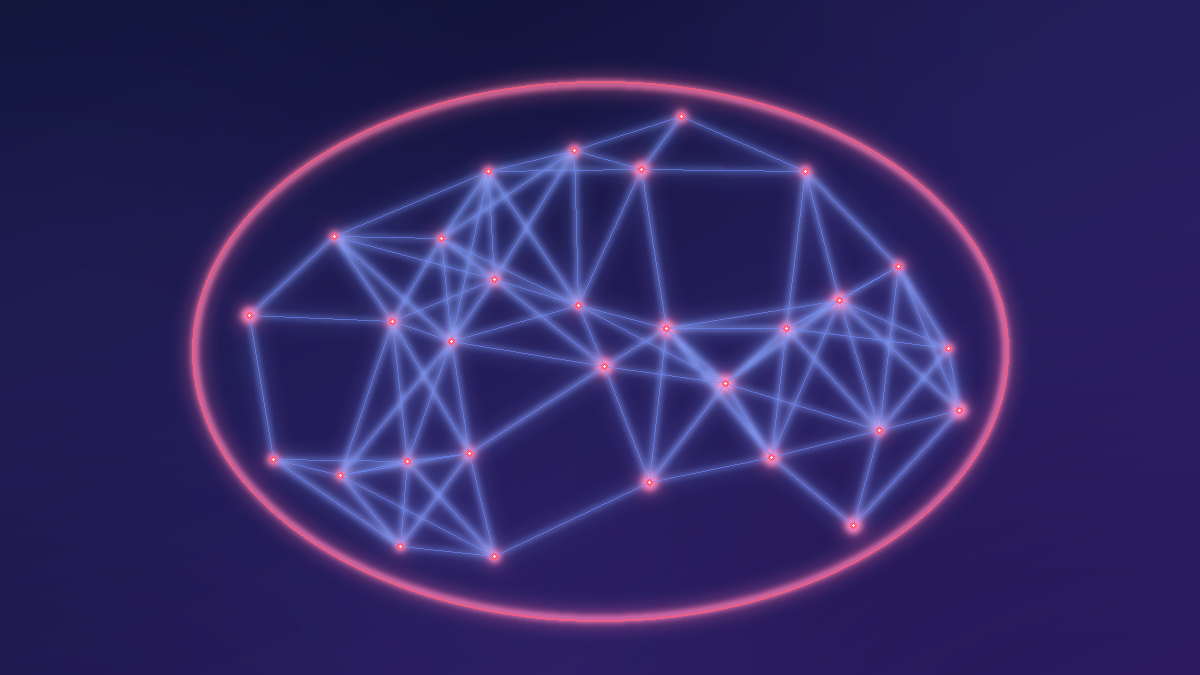Abstract neural mesh held inside a glowing protective boundary, a visual metaphor for AI kept under local and sovereign Caribbean control