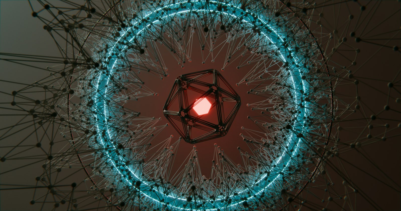 A dense mesh of connected nodes surrounding a glowing core inside a ring, representing an original language model trained and held under Caribbean control
